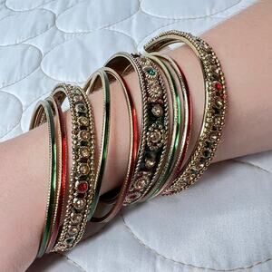 Indian 9 Bangle Bracelets Ethnic Bollywood Gold Red Green Party Holiday Jewelry